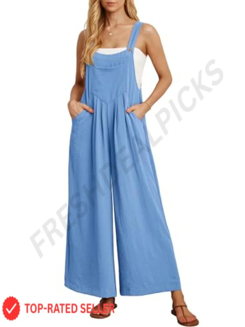 Women's Wide Leg Overalls Jumpsuit Sleeveless Romper with Pockets Boho Casual